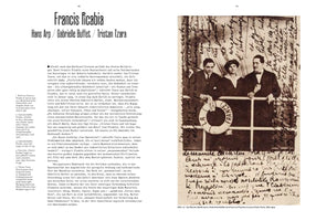 A page from a book with German text on the left and a black-and-white photograph on the right. The photo, overlaid with French handwriting, shows Guillaume Apollinaire, Gabrielle Buffet, and Francis Picabia in Paris in 1914, standing behind a railing with a lifebuoy that reads LA FRANCE.
