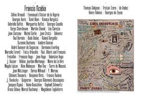A two-page spread from an art publication. The left page features a long, typed list of names, starting with Francis Picabia. The right page shows Picabia's 1921 Dada painting, L'Œil Cacodylate, a canvas covered with handwritten signatures, messages, collaged photographs, and a large, stylized drawing of an eye.