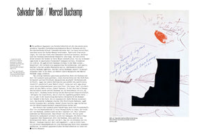 A two-page spread from a German book titled Salvador Dalí / Marcel Duchamp. The left page contains text in German. The right page displays a collaborative artwork from 1961 by both artists, featuring a black silhouette of a profile, handwritten inscriptions, a red thumbprint, and a line drawing of a landscape with a boat.