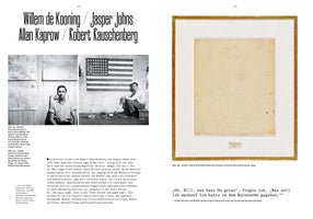 A two-page spread from a German art book. The left page has a title with the names Willem de Kooning, Jasper Johns, Allan Kaprow, and Robert Rauschenberg. Below are two black and white photos of Rauschenberg and Johns in their studios. The right page shows a color photograph of Robert Rauschenberg's framed artwork, Erased de Kooning Drawing, which is a paper with faint, erased marks. Both pages contain text in German.