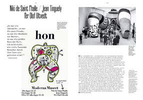 A two-page spread from a German book about the 1966 art installation Hon / en Katedral. The left page shows a poster for the exhibition with a colorful, schematic drawing of a reclining female figure. The right page features a black-and-white photograph of the massive sculpture inside a gallery, with visitors entering the artwork between its legs.