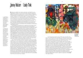 An open book page about artists Jenny Holzer and Lady Pink. The page features columns of German text alongside a large reproduction of their 1984 painting, Untitled (Don't Shoot Civilians). The painting is a colorful, expressive depiction of urban conflict with a masked figure and flames, with the titular phrase overlaid in large, black, sans-serif letters.