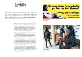 A two-page spread from a German publication about the feminist art activist group, the Guerrilla Girls. On the right, their iconic 1989 poster asks Do women have to be naked to get into the Met. Museum?, featuring a reclining nude with a gorilla mask. Below it is a 2015 photo of three members wearing their signature gorilla masks and black clothing. The left page contains German text about the group.