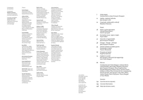 A page from a French-language book showing a list of contributors and a table of contents. The page is organized in columns, with names and biographies on the left, and section titles with page numbers on the right.