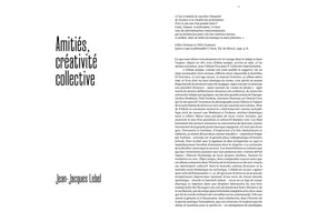 A two-page spread from a book in French. The left page features the title Amitiés, créativité collective in a large black font, with the author's name, Jean-Jacques Lebel, at the bottom. The right page consists of a full block of text starting with a quote from Gilles Deleuze and Félix Guattari.