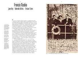 A page from a book, featuring French text on the left and a photograph on the right. The sepia photograph, dated 1913, shows two men and a woman—Francis Picabia, Guillaume Apollinaire, and Gabrielle Buffet—at Luna Park. They pose behind a railing with a lifebuoy lettered LA FRANCE. The entire photograph is overlaid with handwritten text in French. The book page title includes the names Francis Picabia, Jean Arp, Gabrielle Buffet, and Tristan Tzara.