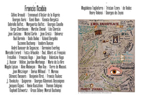 A two-page book spread about the artist Francis Picabia. The left page contains a long, alphabetized list of names. The right page shows Picabia's 1921 painting, L'Œil Cacodylate, a light-colored canvas covered in signatures, handwritten messages, collaged photos, and a large, realistic brown eye in the lower right quadrant.