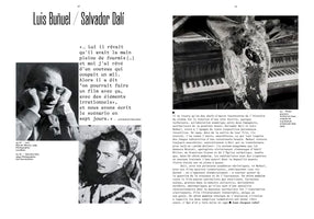 A black-and-white two-page spread from a book about Luis Buñuel and Salvador Dalí. The pages feature French text, a portrait of a pensive Buñuel, a portrait of a young Dalí with his mustache, and a surreal film still of a dead donkey lying across the keys of a grand piano.