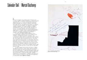 A two-page spread from a book about Salvador Dalí and Marcel Duchamp. The left page has an article in French. The right page displays a collaborative 1961 artwork dedicated to Leonard Lyons, featuring a large black silhouette of a profile over an ink drawing of a landscape with a boat. The artwork is covered in handwritten notes, signatures by both artists, and includes a red thumbprint.