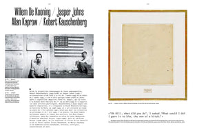 A two-page spread from a book about artists Willem De Kooning, Jasper Johns, Allan Kaprow, and Robert Rauschenberg. On the left are black-and-white photos of Rauschenberg and Johns in their studios next to French text. The right page shows a color photo of Robert Rauschenberg's artwork, Erased de Kooning Drawing, a mostly blank, smudged paper in a gold frame, with a related English quote below.