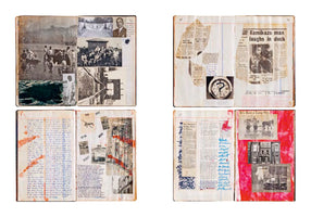 A composite image showing four open scrapbook spreads arranged in a two-by-two grid. Each spread is a dense, aged collage of text and images. The top-left has vintage black-and-white photos of people and landscapes. The top-right features torn newspaper clippings and a watch. The bottom-left is filled with handwritten script and red ink splatters. The bottom-right includes more clippings and photos collaged onto a bright red background.