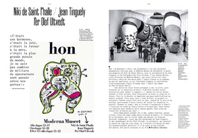 A two-page spread from a book in French about the art installation Hon / en Katedral. The left page shows a poster for the 1966 exhibition at the Moderna Museet with a colorful schematic of a large reclining female figure. The right page features a black-and-white photograph of the monumental sculpture, with visitors entering the structure between its open legs.