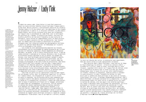 A two-page spread from a book in French about artists Jenny Holzer and Lady Pink. The right page features a large, colorful painting of a fiery, chaotic urban scene with a masked figure. Large, black, sans-serif text overlaid on the image reads DON'T SHOOT CIVILIANS.