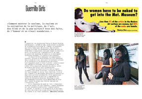 A two-page spread from a book about the feminist art collective Guerrilla Girls. The left page contains text in French. On the right, a 1989 poster shows a reclining nude with a gorilla mask and asks, Do women have to be naked to get into the Met. Museum? Below the poster is a color photo of three members wearing their signature gorilla masks and black outfits.