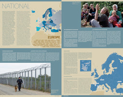 A two-page magazine spread titled PURE EUROPE, about nationalism and borders. The layout is in four parts. The top left has a political map of Europe. The top right shows a photograph of a group of women and children refugees. The bottom left features a border patrol officer with a dog walking along a tall, barbed-wire fence. The bottom right displays a map of Western Europe with specific regions highlighted. All sections include text in English and French.