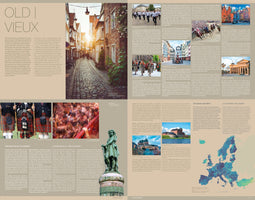 A two-page magazine spread titled OLD | VIEUX, with bilingual text in English and French. The layout features a large photo of a sunlit, cobblestone street in an old European town, surrounded by smaller images of historical architecture, a castle, Scottish pipers, a statue, cultural processions, and a map of Europe.