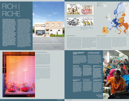 A two-page spread from a publication titled Pure Europe, with the headline Rich | Riche. The pages discuss European wealth, poverty, and inequality using bilingual English and French text. Visuals include a photo of a modern house, a graphic comparing poverty rates in Europe and the US, a color-coded map of European economic disparities, political cartoons, and a photo of workers in a textile factory.