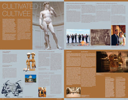 A two-page magazine spread in English and French with orange and black text. The left page is titled Cultivated and features a large photo of Michelangelo's statue of David. The right page has sections on Central Asian weddings and Looted Art, with corresponding images of a wedding party and several Benin Bronzes.