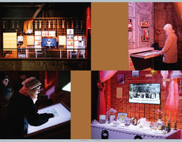 A four-panel collage showing visitors at a modern museum exhibition. The top-left panel displays artifacts and a video on a grid wall. The top-right shows a person opening an exhibit drawer. The bottom-left features two people using a large, illuminated touchscreen. The bottom-right displays a table decorated with wedding memorabilia and a screen showing a vintage group photograph.