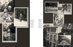 A two-page book spread about artist Max Beckmann, titled Departure, shows a collage of vintage black and white photographs from the 1920s and 30s on a dark background. The images depict Beckmann and a woman in various scenes, including portraits, a double exposure, full-length shots in a forest, and candid moments in a park, on a city street, and walking along railroad tracks. German text provides captions for the photos.