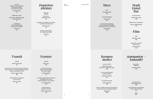 A two-page spread showing the table of contents for a German publication, laid out in a clean, minimalist grid. The content is divided into eight main sections with large, distinct titles, including Departure Abfahrt, Transit, Fenster, Meer, and Film. Each section lists various articles or chapters with their authors and page numbers, using a mix of serif and sans-serif typography on a light gray background.