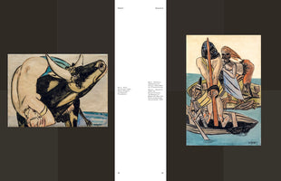 A two-page spread from an art book against a dark background. On the left page is Max Beckmann's painting Raub der Europa, depicting a woman clinging to the back of a large black bull in the water. On the right is his painting Departure, showing several stylized figures in a small boat. Text descriptions for the art are in the central column.