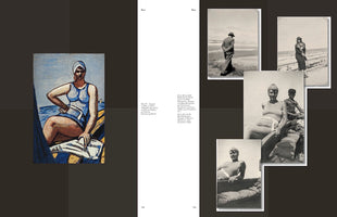 A two-page spread from an art book. The left page features a colorful expressionist painting of a woman in a blue swimsuit and swim cap, seated by the sea. The right page displays a collage of several vintage black-and-white photographs of a man and a woman at the beach and on a boat, alongside a column of German text.