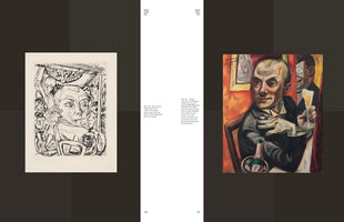 An open art book displaying two self-portraits by Max Beckmann on a dark background. On the left is a black-and-white drypoint etching from 1920 titled Königinbar. On the right is a colorful 1919 oil painting, Self-Portrait with Champagne Glass, showing the artist at a table. German text accompanies both images.