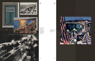 A two-page spread from a book about Nice, France. On the left, a collage shows a vintage guidebook cover and three different photographic views of the Promenade des Anglais: one in black and white by day, one in color at sunset, and one in black and white at night. The right page features a colorful expressionist painting of the same promenade at night, seen from a balcony. German text captions the images in the center.