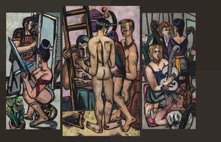 An expressionist triptych painting depicting crowded scenes with heavily outlined figures. The left panel shows a painter looking at a semi-nude woman squatting while holding a large sword. The central panel features several men, including a nude figure seen from the back and another man holding a ladder. The right panel shows a group of women playing musical instruments, including a cello and a flute.
