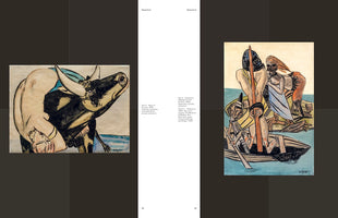 A two-page spread from an art book titled Departure. On the left is Max Beckmann's 1933 painting Rape of Europa, showing a woman clinging to a large black bull in the water. On the right is a painting of two stylized figures in a boat on the sea.