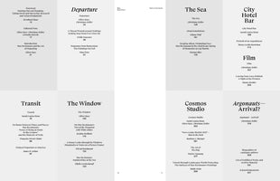 An overhead view of a book's table of contents spread across two pages. The design is minimalist, with black text on a light grey background, organized into titled sections like Departure, Transit, The Sea, and The Window. Each section lists article titles, authors, and page numbers.