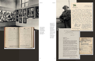 A two-page book spread displays a collection of archival materials. On the left is a black and white photo of a gallery with modernist paintings from the Degenerate Art exhibition, with an open, handwritten diary below it. The right page shows a photo of a man in a hat holding a dog, above a collage of typed and handwritten letters.