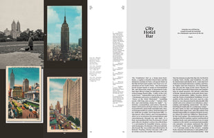 A two-page spread from a book or magazine. The left page has a dark background and features four vintage images of New York City, including a photo in Central Park, and postcards of the Empire State Building and street scenes. The right page is white and contains columns of text under the large heading, City Hotel Bar.