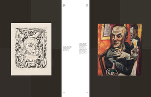 An open art book shows a two-page spread featuring two expressionist self-portraits by Max Beckmann. On the left is a black-and-white 1920 drypoint etching, Königin Bar, showing the artist in a crowded, chaotic scene. On the right is a 1919 color oil painting, Self-Portrait with Champagne Glass, depicting him seated at a table with a cigarette and a drink.