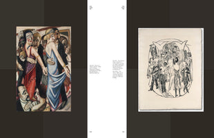 An open art book showing a two-page spread. The left page features a colorful Expressionist painting by Max Beckmann, Dance in Baden-Baden, showing couples dancing in a crowded club. The right page displays a black-and-white lithograph by Beckmann, The Theater Foyer, depicting a bustling crowd of people. Both pages include captions identifying the artworks.