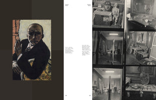 A two-page spread from an art book. On the left is Max Beckmann's 1944 oil painting, Self-Portrait in Black, showing the artist with a shaved head and an intense gaze. On the right is a contact sheet with black and white photographs of Beckmann's art studio, showing sculptures, canvases on easels, and palettes after his death.