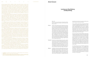 A two-page spread from a book. The left page features a dense block of academic text with footnotes. The right page, numbered 21, shows a literary work by Anne Carson titled Lecture on the History of Skywriting, with sections for a preface and an entry for Monday.