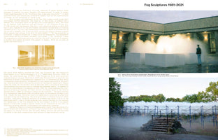A two-page spread from a publication titled Fog Sculptures 1981-2021. The left page consists of text with a small inset photo of a sunlit room. The right page features two larger photos of outdoor fog installations: the top photo shows fog billowing from white blocks in a modern courtyard, and the bottom photo shows fog enveloping a long scaffolding structure built over stone ruins.