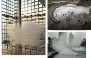 A page layout with three photographs of fog art installations. On the left, an indoor sculpture sprays mist in front of a wall of glass blocks. On the right, an overhead view shows people in a circular, fog-filled plaza, and below it, another outdoor installation emits fog from a water feature in front of city buildings.