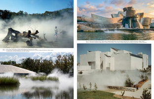 A collage of four photographs showing outdoor art installations using artificial fog. Clockwise from top left: a child walks through fog near a tree root sculpture; the Guggenheim Museum in Bilbao has fog rising from the water below it; a white, angular modern building is surrounded by fog on a path; a tranquil pond with reeds is covered in a thick layer of mist.