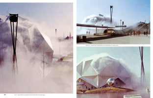 A collage of three vintage color photographs from Expo '70 in Osaka, Japan, featuring the Pepsi Pavilion. The futuristic, white geodesic dome building is almost obscured by a dense, billowing cloud of artificial fog. Tall, slender black sculptures stand near the pavilion, and visitors can be seen walking around the misty, atmospheric installation.