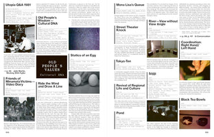 An overhead view of a two-page spread from an art catalog, pages 104 and 105. The pages feature descriptions and small photos of various art projects from the 1970s and 1980s, including Utopia Q&A 1981, Old People's Wisdom—Cultural DNA, and Coordination: Right Hand/Left Hand. The text is organized in a clean, two-column layout with bolded titles for each artwork.