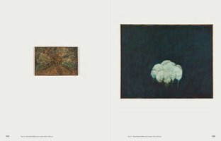 A two-page spread from an art book. The left page, 134, shows a small, horizontal abstract painting titled Neurobird, featuring a starburst-like pattern in earthy greens and browns. The right page, 135, displays a larger painting, Cloud Series, which depicts a single, puffy white cloud with paint drips against a dark background.