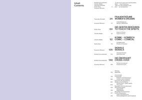 A bilingual table of contents from a book, with text in German and English. Titled Inhalt Contents, it has a minimalist design with a pale lavender sidebar on the left. The page lists chapters with bold headings like FRAUENTRÄUME WOMEN'S DREAMS and DIE GEISTER BERÜHREN TO TOUCH THE SPIRITS, along with author names and page numbers. An appendix is listed at the end.