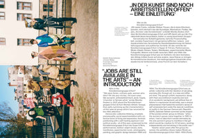 A two-page magazine spread about the Künstlerinnengruppe Erfurt, an East German women artists' collective. On the left, a vertically oriented color photograph shows the group sitting on a railing, dressed in eccentric, handmade costumes and masks. The right page features text in both German and English under the title, Jobs are still available in the arts – An introduction.