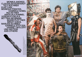 An art poster with a list of names on the left. On the right, a photograph shows the Erfurt Women Artists' Group in 1990. Five women pose in avant-garde costumes in front of an abstract painting. A central nude figure is covered in white body paint with black stripes. Others wear a plastic suit, a textured knit sweater with a face on it, and a mirrored, geometric helmet.