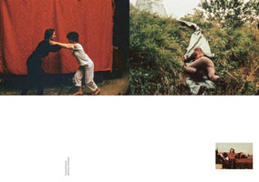 A page layout featuring a diptych of two grainy, vintage-style photographs at the top. The left image shows two women pushing against each other in front of a red fabric backdrop. The right image shows a person lying on a sheet on a grassy hill. Below is a small third photo and vertical text that reads Frauenträume Women's Dreams.