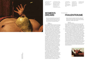 A two-page spread from a publication with the titles Women's Dreams and Frauenträume. The left page features a large, grainy photograph of a person's bare torso with a green pear resting on one breast, and a hand reaching from the dark background. Below is text in English. The right page contains the corresponding German text and a small black and white photo of a woman with her arms outstretched.