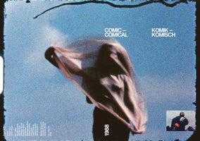 A grainy, retro-style film poster from 1988 with a blue sky background and a black film-strip border. A person's dark silhouette is obscured by a large, translucent pinkish cloth that is motion-blurred as it billows in the wind. The text COMIC – COMICAL and KOMIK – KOMISCH is at the top.